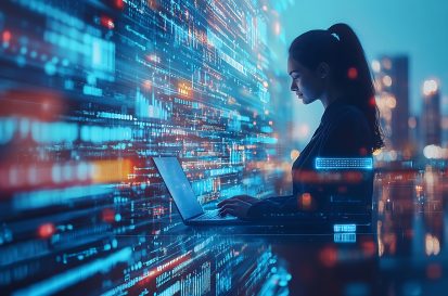 Image of data processing over diverse business people using laptop global business and digital interface concept digitally generated image : Generative AI